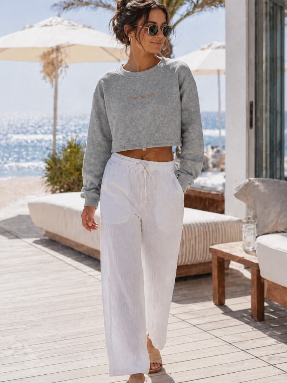 Zen x Tix Cropped Sweatshirt L Gray Fleece “Trust Yourself” Pullover